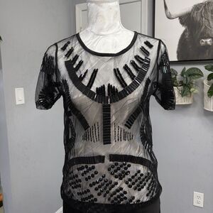 Bar III Black Beaded Sequin Mesh Blouse Top S Sheer Geometric Art Deco Party